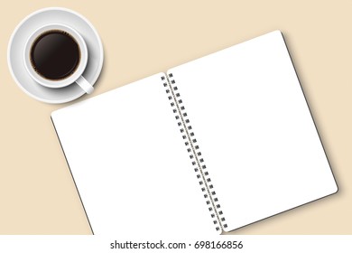 Notebook and coffee in mug vector with copy space, isolated on white background. White mug and plate, white notebook, light brown textured surface, top view, from above.
