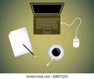 notebook coffee pad and mouse - illustration