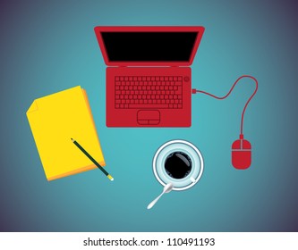 notebook coffee pad and mouse - illustration