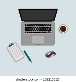 notebook, coffee, notebook, pencil in flat style top view