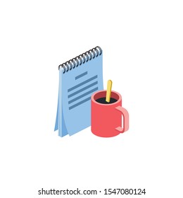 Notebook coffee. Vector 3d isometric, color web icon, new flat style. Creative illustration design, idea for infographics.