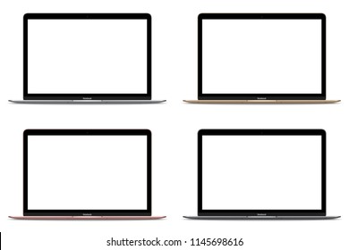 Notebook Collection with Blank Screen Isolated. Silver, Darkgrey, Gold and Rosegold Color.12 inch Laptop. Open Display.  Blank Device Mock Up. Separate Groups and Layers. Easily Editable Vector.