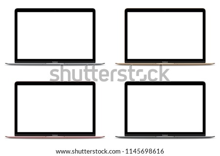 Notebook Collection with Blank Screen Isolated. Silver, Darkgrey, Gold and Rosegold Color.12 inch Laptop. Open Display.  Blank Device Mock Up. Separate Groups and Layers. Easily Editable Vector.