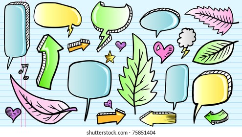 Notebook Color Doodle Sketch Speech Bubble Arrow Vector Illustration Set