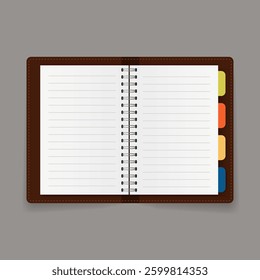 Notebook with colored bookmarks. Blank notebook pages on a grey background. Memo book. Vector illustration
