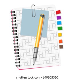 Notebook with colored bookmarks, blue notice and yellow pen on a white background
