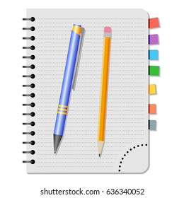Notebook with colored bookmarks,  blue  pen and yellow pencil on a white background

