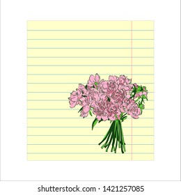 Notebook colored lined paper sheet with romantic peony flowers bouquet. Vintage style floral greeting card with empty space for text.