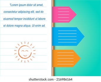 Notebook and colorful bookmarks. A vector illustration.