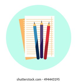 Notebook Colorful Pencil School Workplace Angle View Icon Flat Vector Illustration