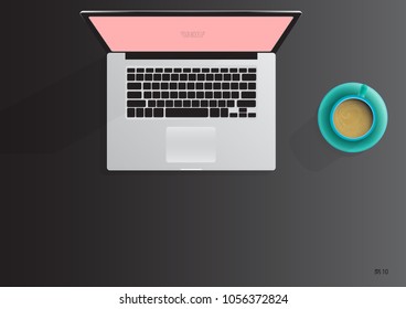Notebook computer with coffee cup on table, Laptop computer, coffee cup and copy space ,Eps 10 vector 