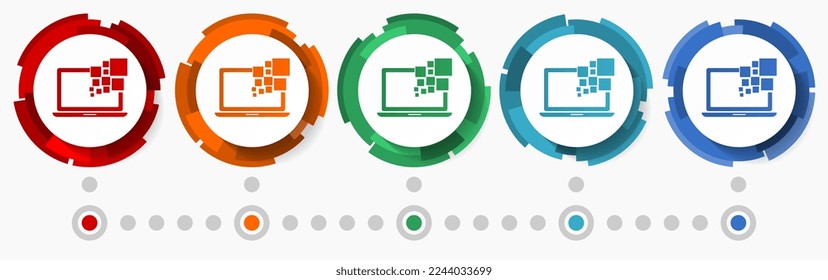 Notebook, computer concept vector icon set, modern design abstract web buttons in 5 color options, infographic template for webdesign and mobile apps