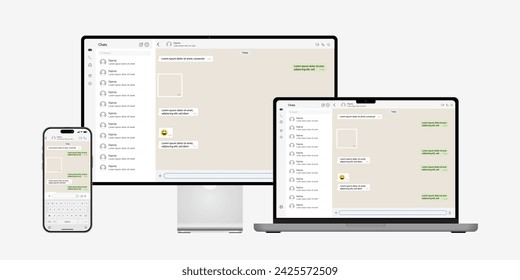 Notebook computer, desktop, and smartphone with messenger application on the screen. Messenger conversation mockup. Messager and SMS UI template and communication in social media network. Vector.