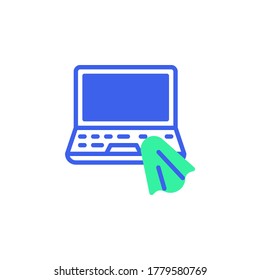 Notebook computer disinfecting icon vector, filled flat sign, cleaning laptop computer bicolor pictogram, green and blue colors. Symbol, logo illustration