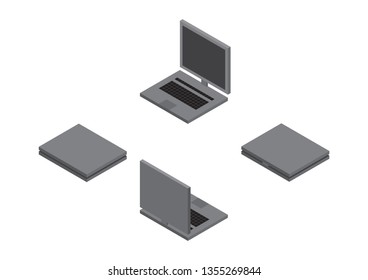 Notebook computer front side and back side, isometric 3D color style 