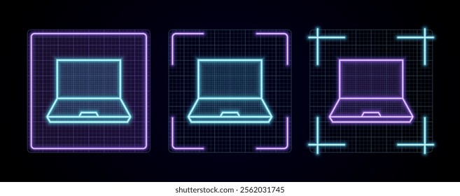 Notebook computer icon illustration, cyber neon visual, glowing border grid vector.