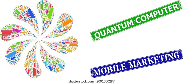 Notebook computer icon multi colored twirl motion flower salute composition, and distress Quantum Computer seal. Blue Mobile Marketing and green Quantum Computer rectangle grunge seal stamps.