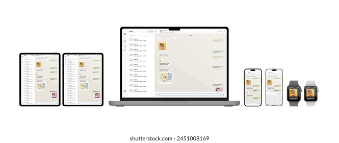 Notebook Computer, Smartwatch, and Smartphone with Messenger Application on the Screen. Messenger Conversation Mockup, Messenger and SMS UI Template, and Communication in Social Media Network. Vector.