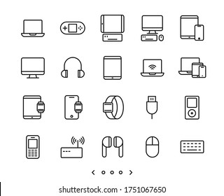 Notebook, computer, tablet and smartphone device line icon set vector