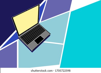 The notebook computer with yellow screen on abstract blue background.