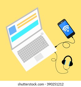 Notebook connect phone and Earphone