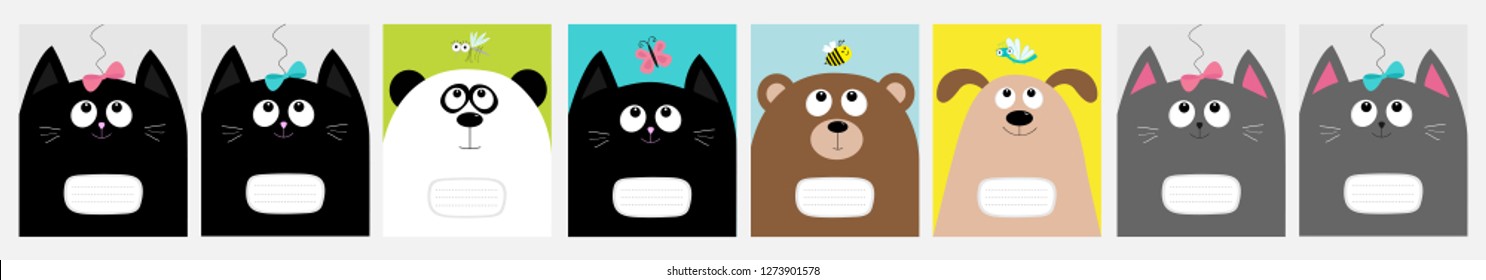 Notebook cover. Baby cat, panda, dog, bear kitty head. Bow, butterfly, dragonfly, bee mosquito. Cute cartoon character set. Composition book template. Flat design White background Vector illustration