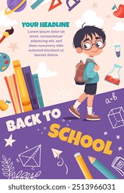 Notebook cover, back to school vector banner design with cute children and education element. Poster with pupil for poster, wallpaper,  print, website. Vector background for your design