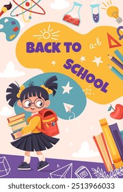 Notebook cover, back to school vector banner design with cute children and education element. Poster with pupil for poster, wallpaper,  print, website. Vector background for your design