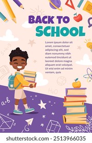 Notebook cover, back to school vector banner design with cute children and education element. Poster with pupil for poster, wallpaper,  print, website. Vector background for your design