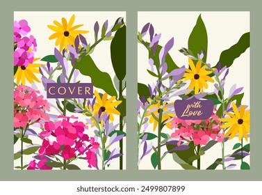 Notebook cover background with garden flowers in vector, flat style.