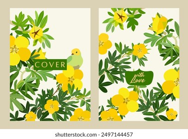Fondo de la cubierta del cuaderno con las flores amarillas en las ramas y un pájaro en Vector, estilo plano.
