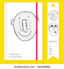 notebook cover with bookmark and hand drawn elements. Doodle