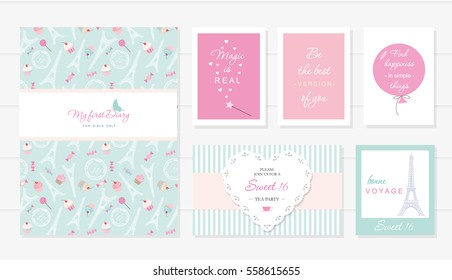 Notebook cover and cards design for teenage girls. Paris theme, wise quotes. Included seamless pattern with Eiffel tower, cupcakes and sweets on pastel green.