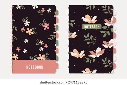 notebook cover collection flowers dark background - seamless floral pattern. Stationery, cover, planner. vector illustration	