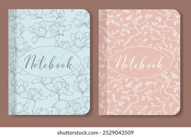Notebook cover collection sketch flourish design. Aesthetic worksheet with floral art.