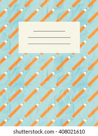 Notebook cover with colored pencils pattern and place for text. Vector notepad cover. Crumpled paper texture.