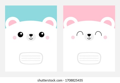 Portada del portátil Plantilla de libro de composición. Juego de iconos cuadrados de la cara de oso blanco. Caricatura educada kawaii personaje gracioso. Huella de animales. Feliz Día de San Valentín. Diseño plano. Fondo rosa azul. Vector