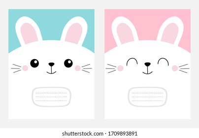 Notebook cover Composition book template. White bunny rabbit head face square icon set. Cute cartoon kawaii funny character. Pet baby print. Moustaches. Happy Easter Flat design Blue background Vector