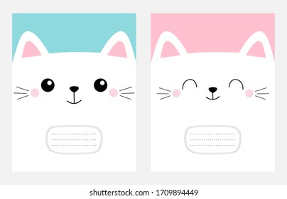 Notebook cover Composition book template. White cat head face square icon set. Cute cartoon kawaii funny character. Pet baby print. Happy Valentines Day. Flat design. Blue pink background. Vector