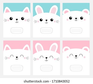 Notebook cover Composition book template. White cat rabbit bunny, bear head face square icon set. Cute cartoon kawaii funny character. Flat design. Happy Valentines Day. Blue pink background. Vector