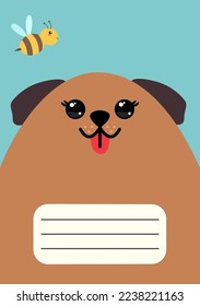 Notebook cover Composition book template. Dog big head looking at dragonfly insect. Cute cartoon character. 