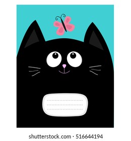 Notebook cover Composition book template. Black cat kitty head looking at butterfly insect. Cute cartoon character. Pet baby collection Card. Flat design. Blue sky background. Vector illustration
