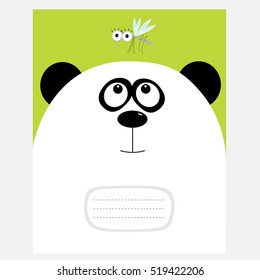 Notebook cover Composition book template. Panda bear big head looking at honey mosquito insect. Cute cartoon character. Baby animal collection Blue sky background Flat design Vector illustration