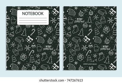 Notebook cover with cute New Year, Christmas, winter holidays pattern with Christmas tree and toys