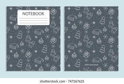 Notebook cover with cute New Year, Christmas, winter holidays pattern with Christmas tree and toys