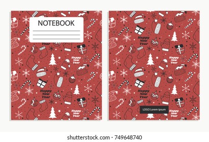 Notebook cover with cute New Year, Christmas, winter holidays pattern with Christmas tree and toys on the red background