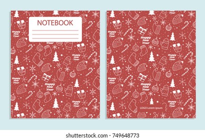 Notebook cover with cute New Year, Christmas, winter holidays pattern with Christmas tree and toys on the red background