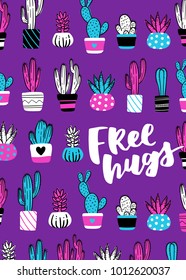 Notebook cover design with cactus pattern and hand lettering Bloom where you are planted. Cute cartoon style illustration on violet background.