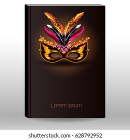 Notebook cover design with carnival venetian mask with feathers.