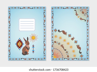 Notebook cover design. Children's notebook with animals and ornaments. Collection in the style of South America. Vector set